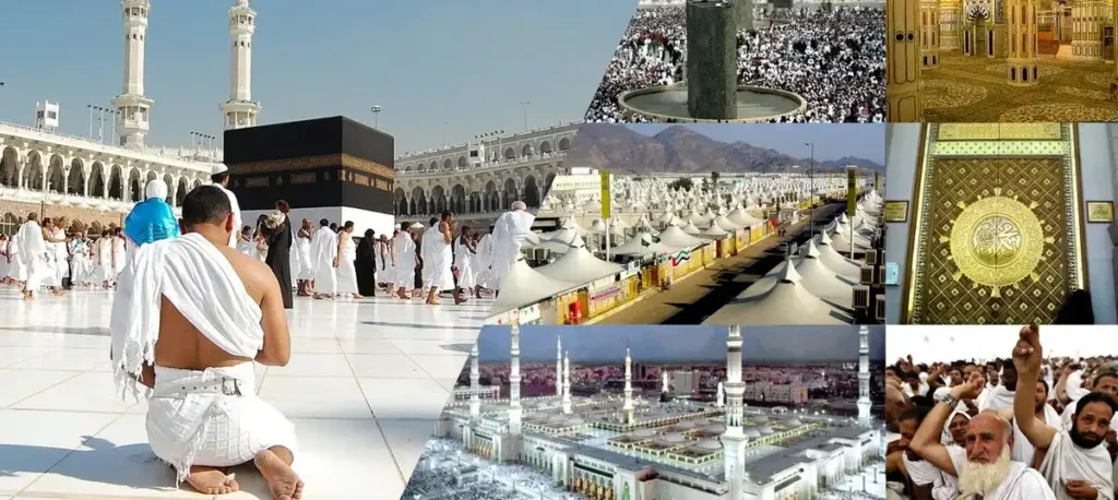 Current image: Pilgrims praying at Masjid al-Haram with a merged view of Masjid an-Nabawi in the background, symbolizing a spiritual Umrah journey from the UK in 2025.