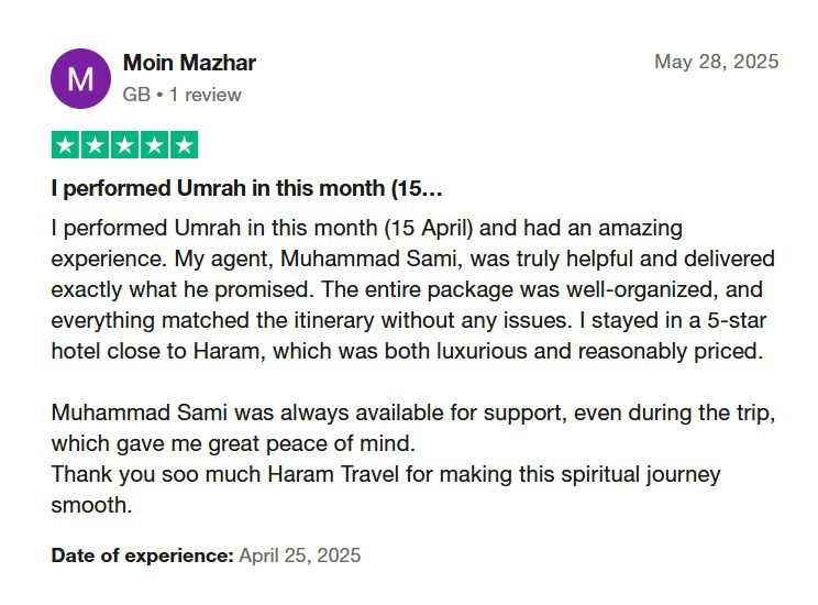 Satisfied customer reviews affordable Umrah services provided by HaramTravel.uk.