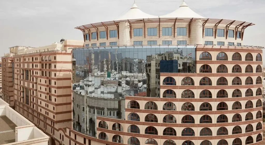 Front view of Pullman Zamzam Madinah Hotel near Masjid an-Nabawi, ideal for Umrah pilgrims.