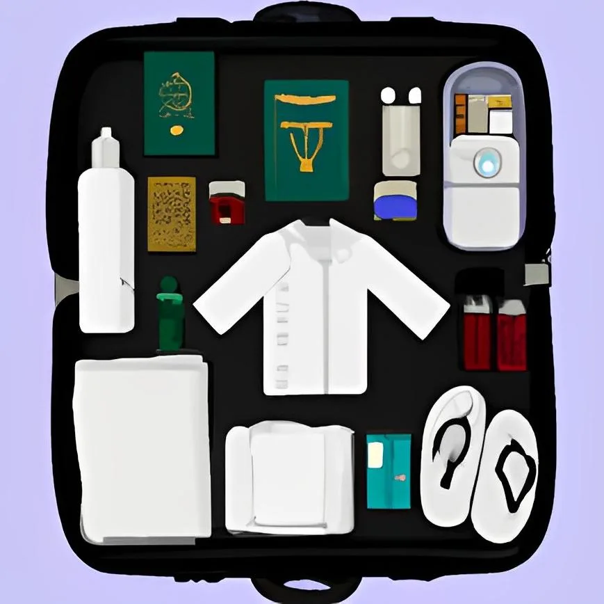 Flat lay of Umrah travel checklist including Ihram, prayer mat, toiletries, and passport for UK pilgrims